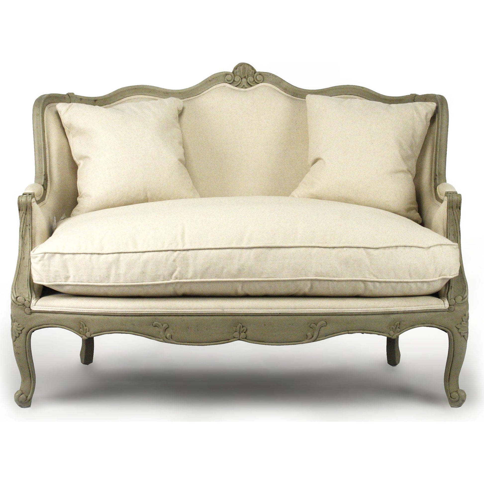 Adele Settee by Zentique in off-white cotton, jute and faux olive green birch. Made from faux olive green birch in a cottage & farmhouse style.