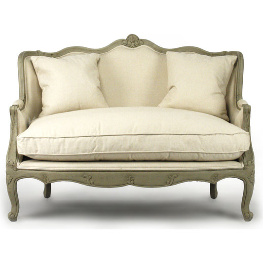 Adele Settee by Zentique in off-white cotton, jute and faux olive green birch. Made from faux olive green birch in a cottage & farmhouse style.