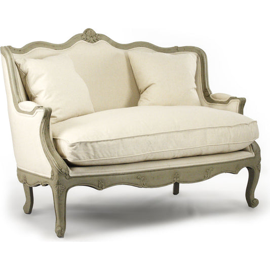 Adele Settee by Zentique in off-white cotton, jute and faux olive green birch. Made from faux olive green birch in a cottage & farmhouse style.