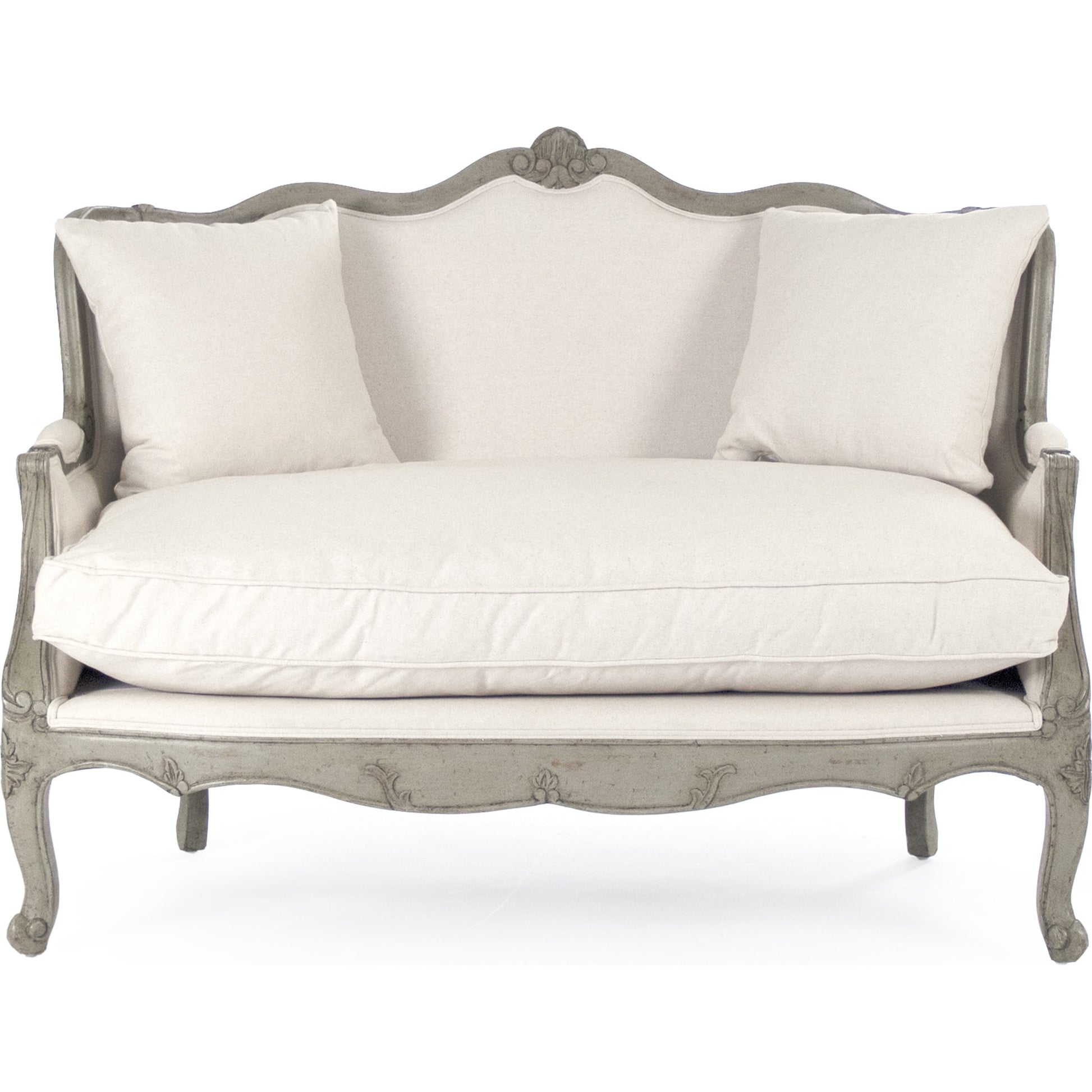 Adele Settee by Zentique in off-white cotton, jute and faux olive green birch. Made from faux olive green birch in a cottage & farmhouse style.