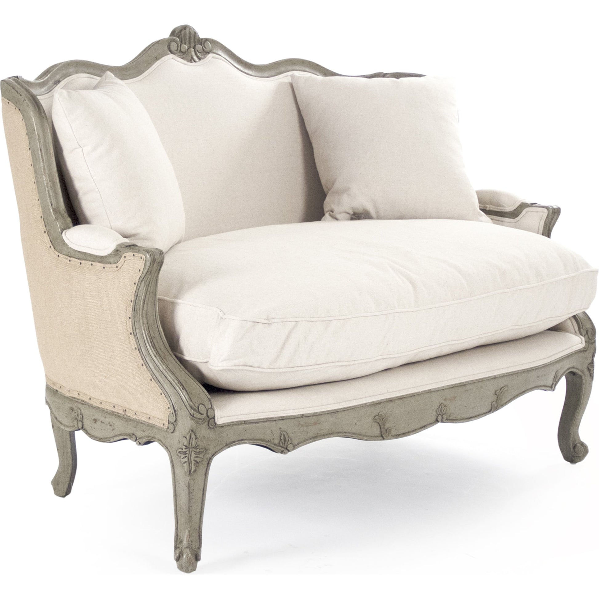 Adele Settee by Zentique in off-white cotton, jute and faux olive green birch. Made from faux olive green birch in a cottage & farmhouse style.