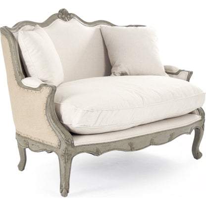 Adele Settee by Zentique in off-white cotton, jute and faux olive green birch. Made from faux olive green birch in a cottage & farmhouse style.