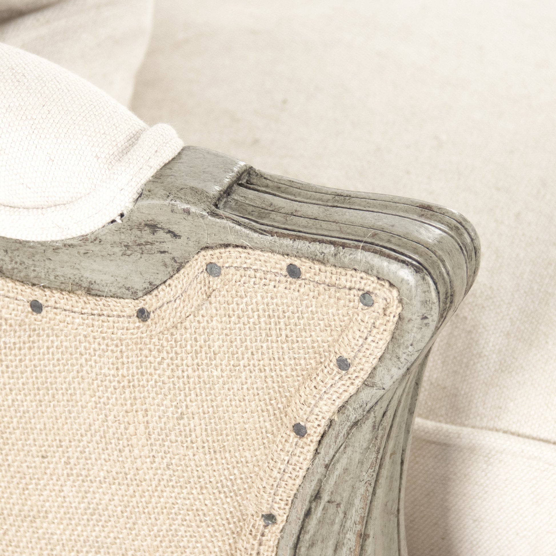 Adele Settee by Zentique in off-white cotton, jute and faux olive green birch. Made from faux olive green birch in a cottage & farmhouse style.