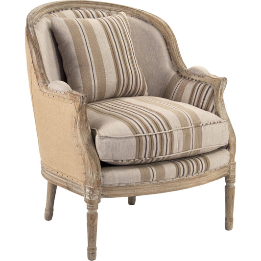 Roland Club Chair by Zentique in striped linen and limed gray oak. Made from limed grey oak in a traditional style.