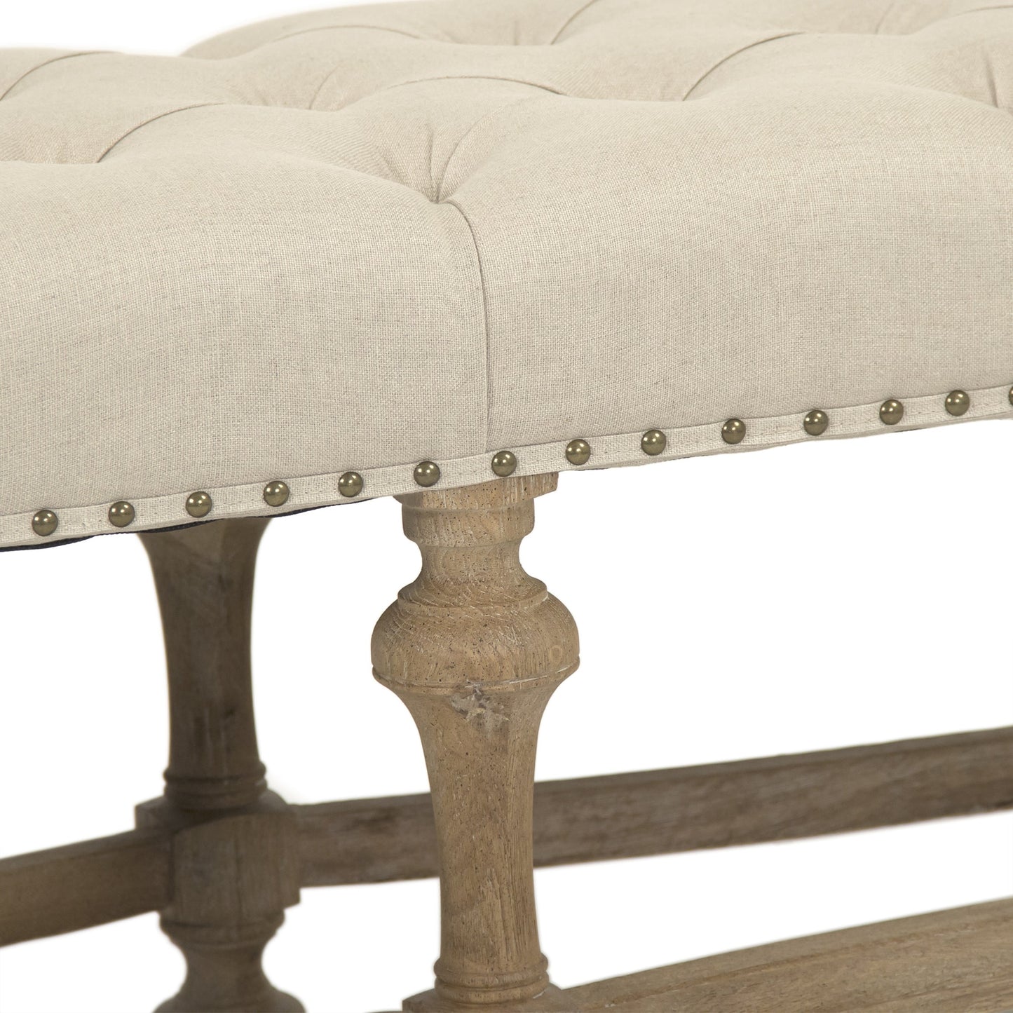 003 S-336905 | Closeup | Clair Bench by Zentique in natural linen and limed gray oak. Made from limed grey oak in a traditional style.