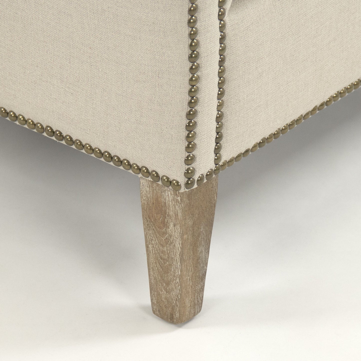 004 S-336529 | Closeup | Aldrich Club Chair by Zentique in natural linen and limed gray oak. Made from limed grey oak in a traditional style.