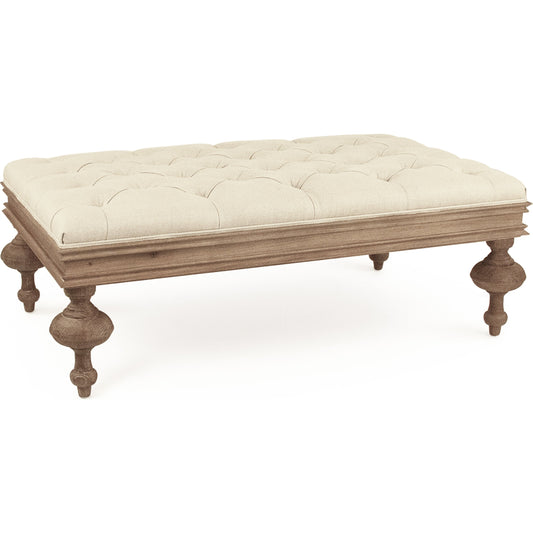 Lara Tufted Ottoman by Zentique in natural linen and limed gray oak. Made from limed grey oak in a transitional style.