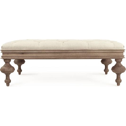 Lara Tufted Ottoman by Zentique in natural linen and limed gray oak. Made from limed grey oak in a transitional style.