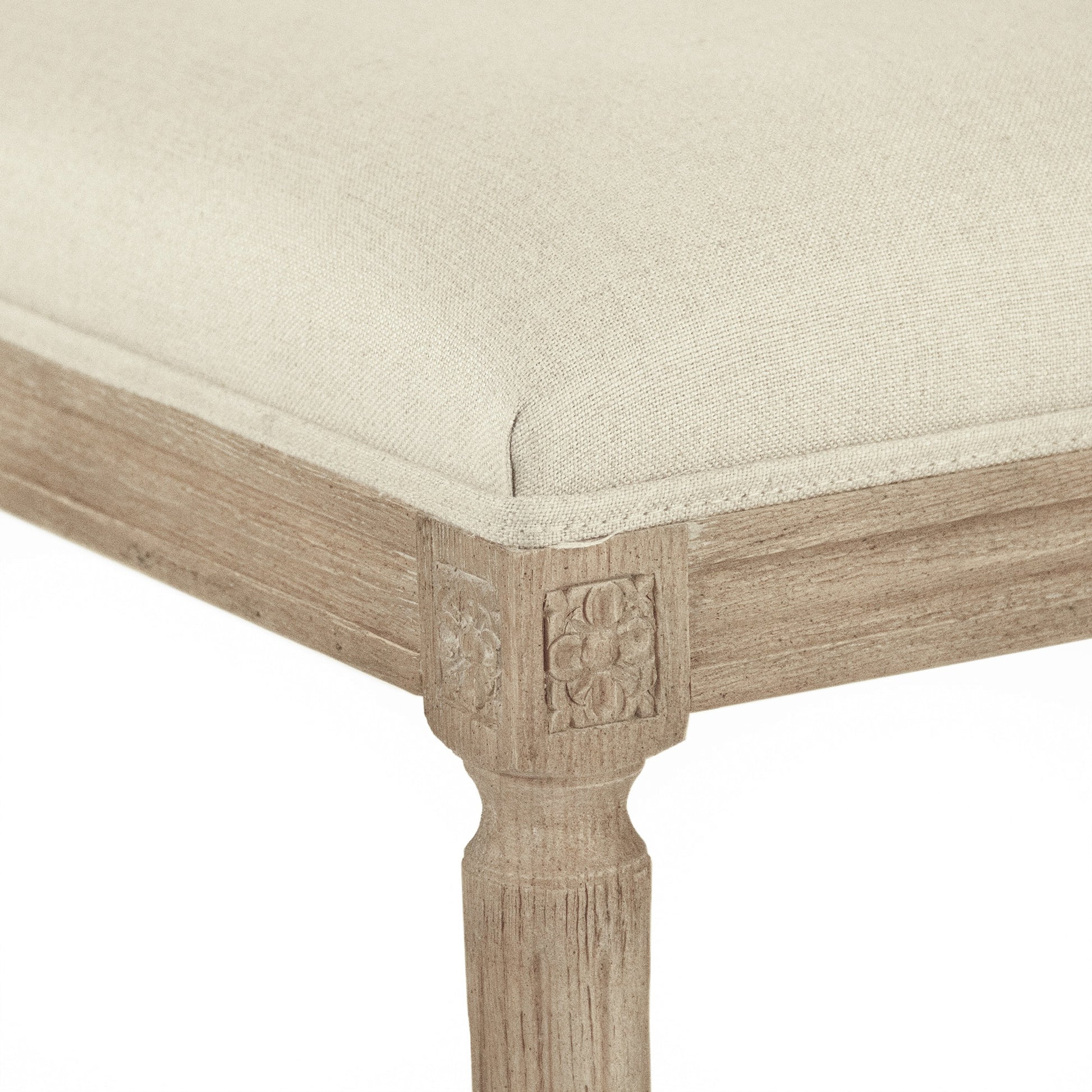 Louis Bar Stool by Zentique in natural linen and limed gray oak. Made from limed grey oak in a cottage & farmhouse style.