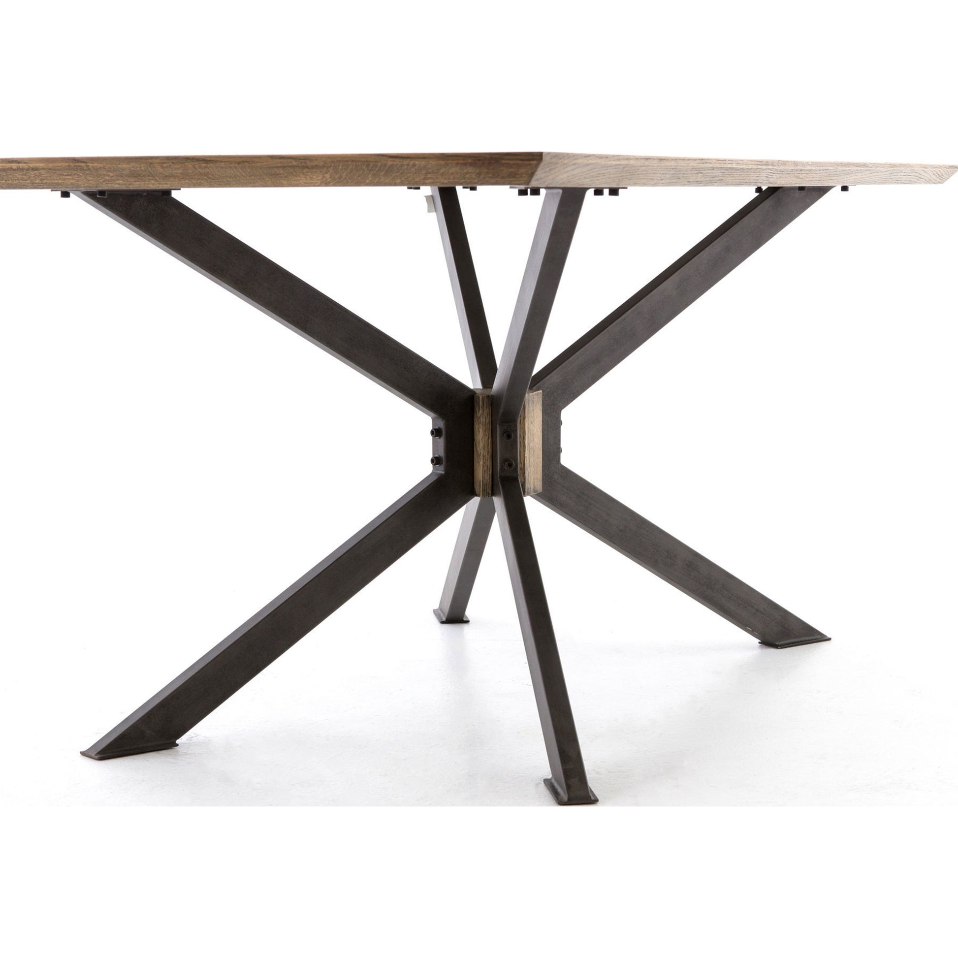 Spider Dining Table by Four Hands in light rustic black, bright brass clad, sandy oak. Made from brass, iron, solid oak in a cottage & farmhouse style.