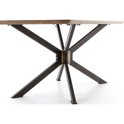 Spider Dining Table by Four Hands in light rustic black, bright brass clad, sandy oak. Made from brass, iron, solid oak in a cottage & farmhouse style.