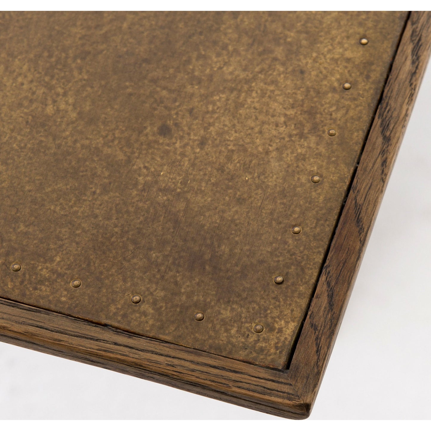 002 S-258375 | Closeup | Spider Dining Table by Four Hands in light rustic black, bright brass clad, sandy oak. Made from brass, iron, solid oak in a cottage & farmhouse style.