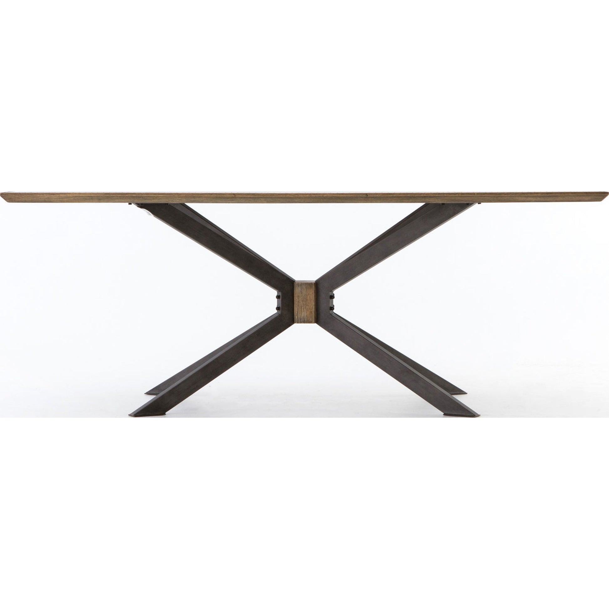 Spider Dining Table by Four Hands in light rustic black, bright brass clad, sandy oak. Made from brass, iron, solid oak in a cottage & farmhouse style.