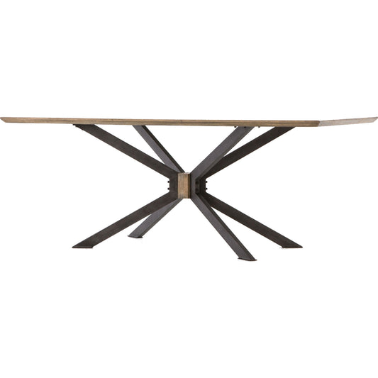 Spider Dining Table by Four Hands in light rustic black, bright brass clad, sandy oak. Made from brass, iron, solid oak in a cottage & farmhouse style.