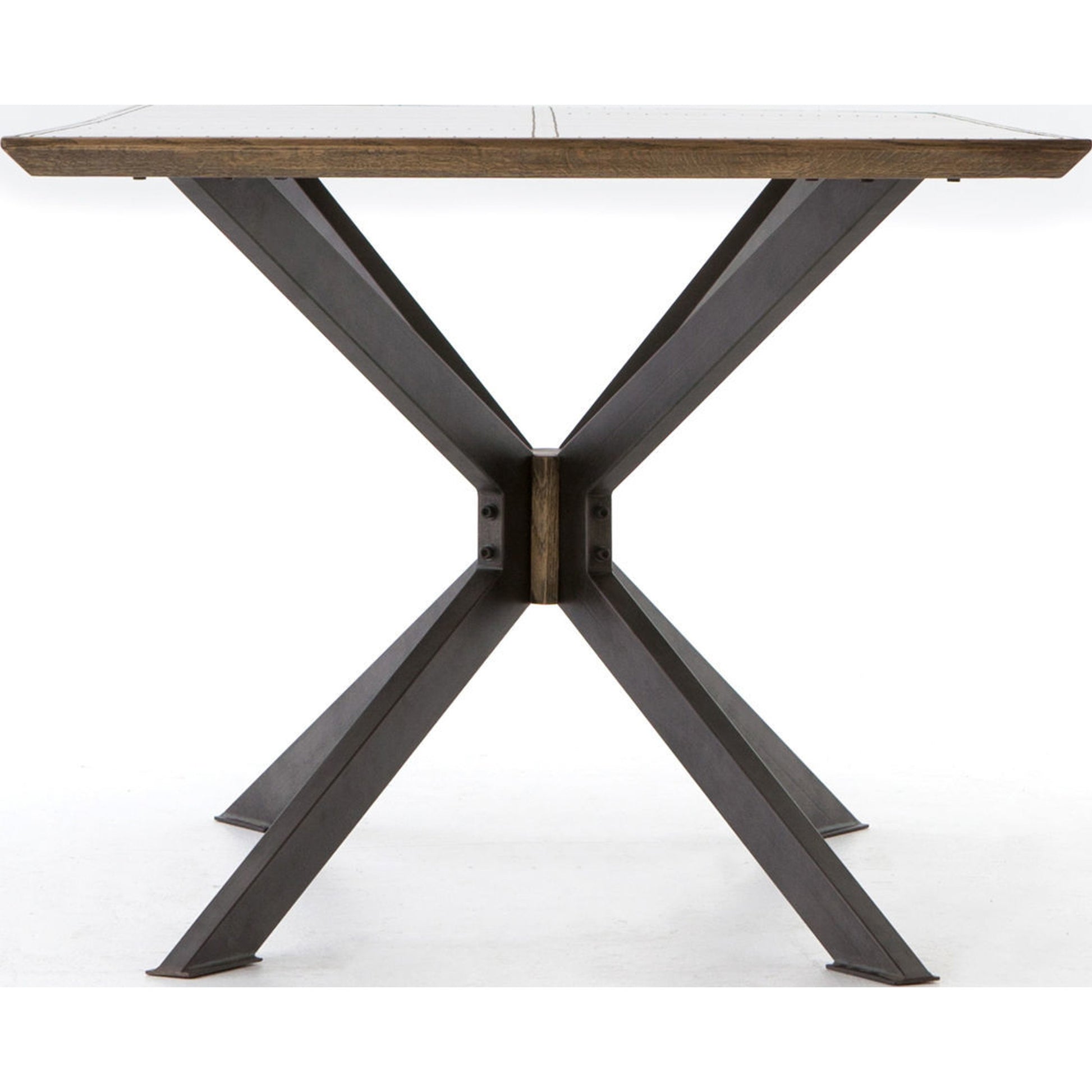 Spider Dining Table by Four Hands in light rustic black, bright brass clad, sandy oak. Made from brass, iron, solid oak in a cottage & farmhouse style.