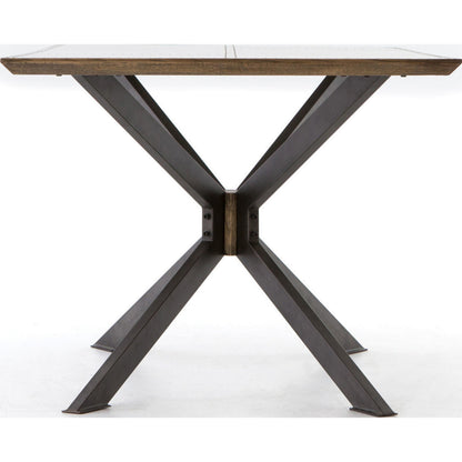 Spider Dining Table by Four Hands in light rustic black, bright brass clad, sandy oak. Made from brass, iron, solid oak in a cottage & farmhouse style.