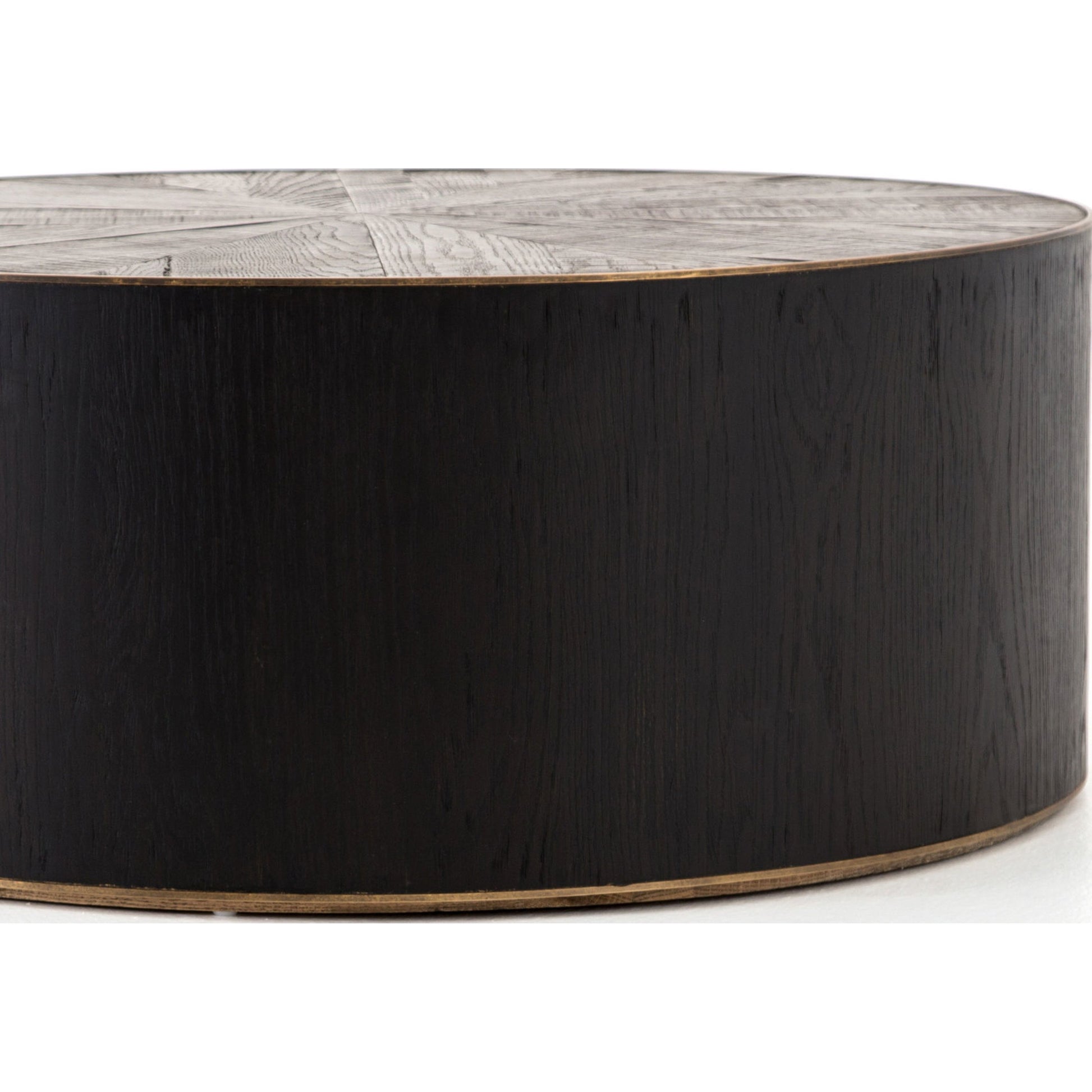 Perry Coffee Table by Four Hands in ebony, light ebony and bright brass clad, ebony, light ebony. Made from solid oak, brass in a cottage & farmhouse style.