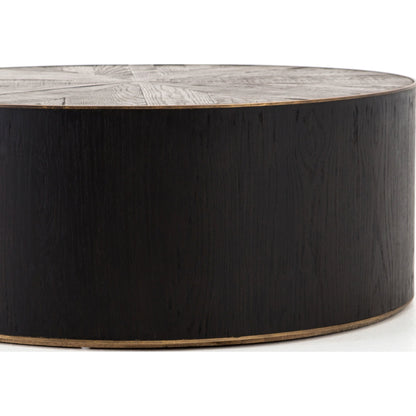 Perry Coffee Table by Four Hands in ebony, light ebony and bright brass clad, ebony, light ebony. Made from solid oak, brass in a cottage & farmhouse style.