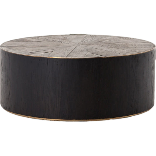 Perry Coffee Table by Four Hands in ebony, light ebony and bright brass clad, ebony, light ebony. Made from solid oak, brass in a cottage & farmhouse style.