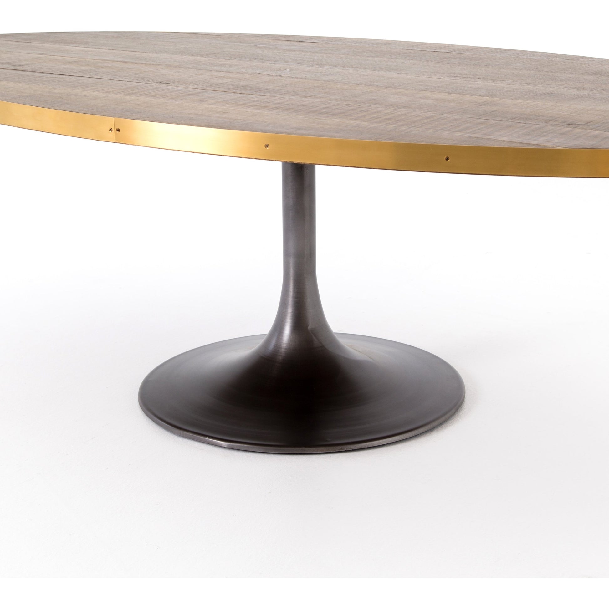 Evans Oval Dining Table by Four Hands in reclaimed burnt oak, vessel grey, polished brass. Made from solid reclaimed oak, iron, stainless steel in a modern style.