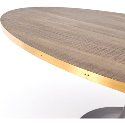 Evans Oval Dining Table by Four Hands in reclaimed burnt oak, vessel grey, polished brass. Made from solid reclaimed oak, iron, stainless steel in a modern style.