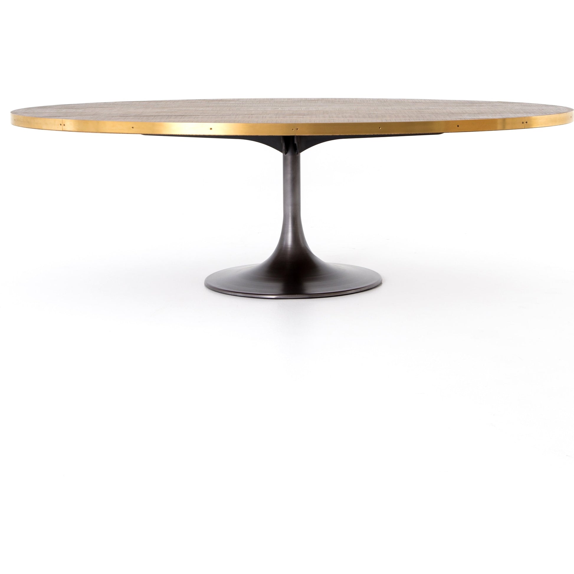 Evans Oval Dining Table by Four Hands in reclaimed burnt oak, vessel grey, polished brass. Made from solid reclaimed oak, iron, stainless steel in a modern style.