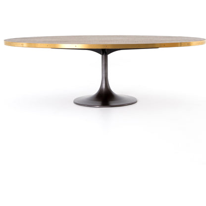Evans Oval Dining Table by Four Hands in reclaimed burnt oak, vessel grey, polished brass. Made from solid reclaimed oak, iron, stainless steel in a modern style.