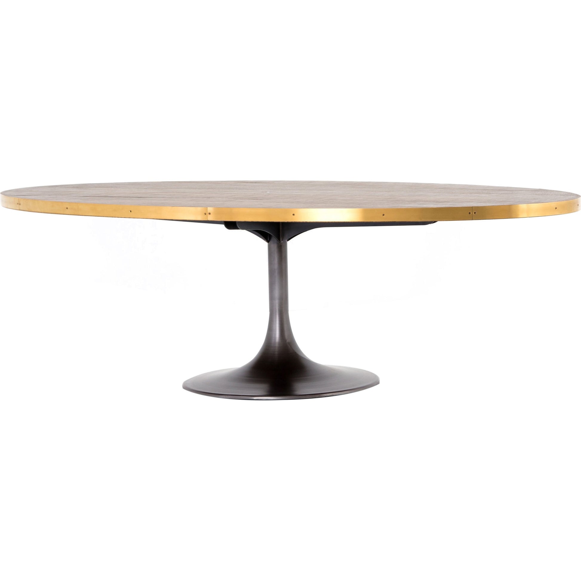Evans Oval Dining Table by Four Hands in reclaimed burnt oak, vessel grey, polished brass. Made from solid reclaimed oak, iron, stainless steel in a modern style.