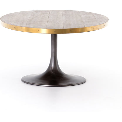 Evans Oval Dining Table by Four Hands in reclaimed burnt oak, vessel grey, polished brass. Made from solid reclaimed oak, iron, stainless steel in a modern style.