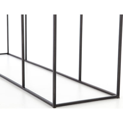 Phillip Console Table by Four Hands in bright brass clad, dark antique bronze and dark antique bronze, bright brass clad. Made from brass, iron, poplar plywood in a modern style.