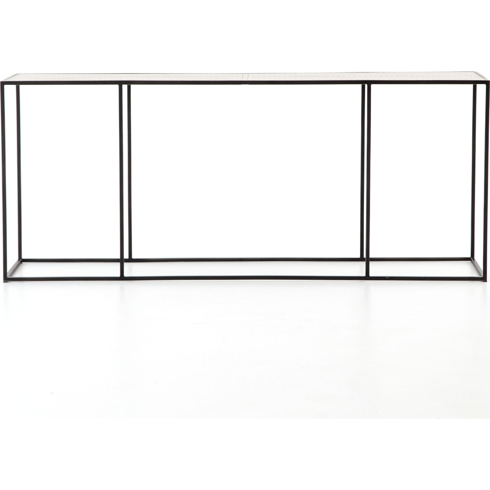 Phillip Console Table by Four Hands in bright brass clad, dark antique bronze and dark antique bronze, bright brass clad. Made from brass, iron, poplar plywood in a modern style.