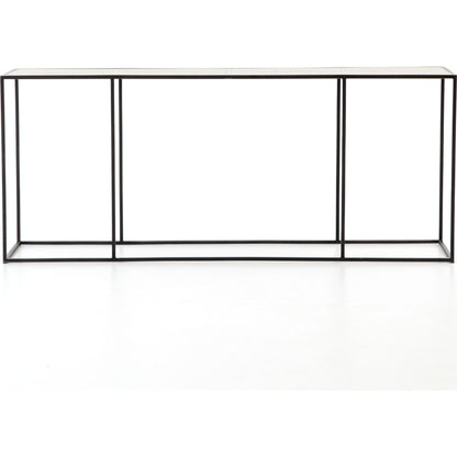 Phillip Console Table by Four Hands in bright brass clad, dark antique bronze and dark antique bronze, bright brass clad. Made from brass, iron, poplar plywood in a modern style.