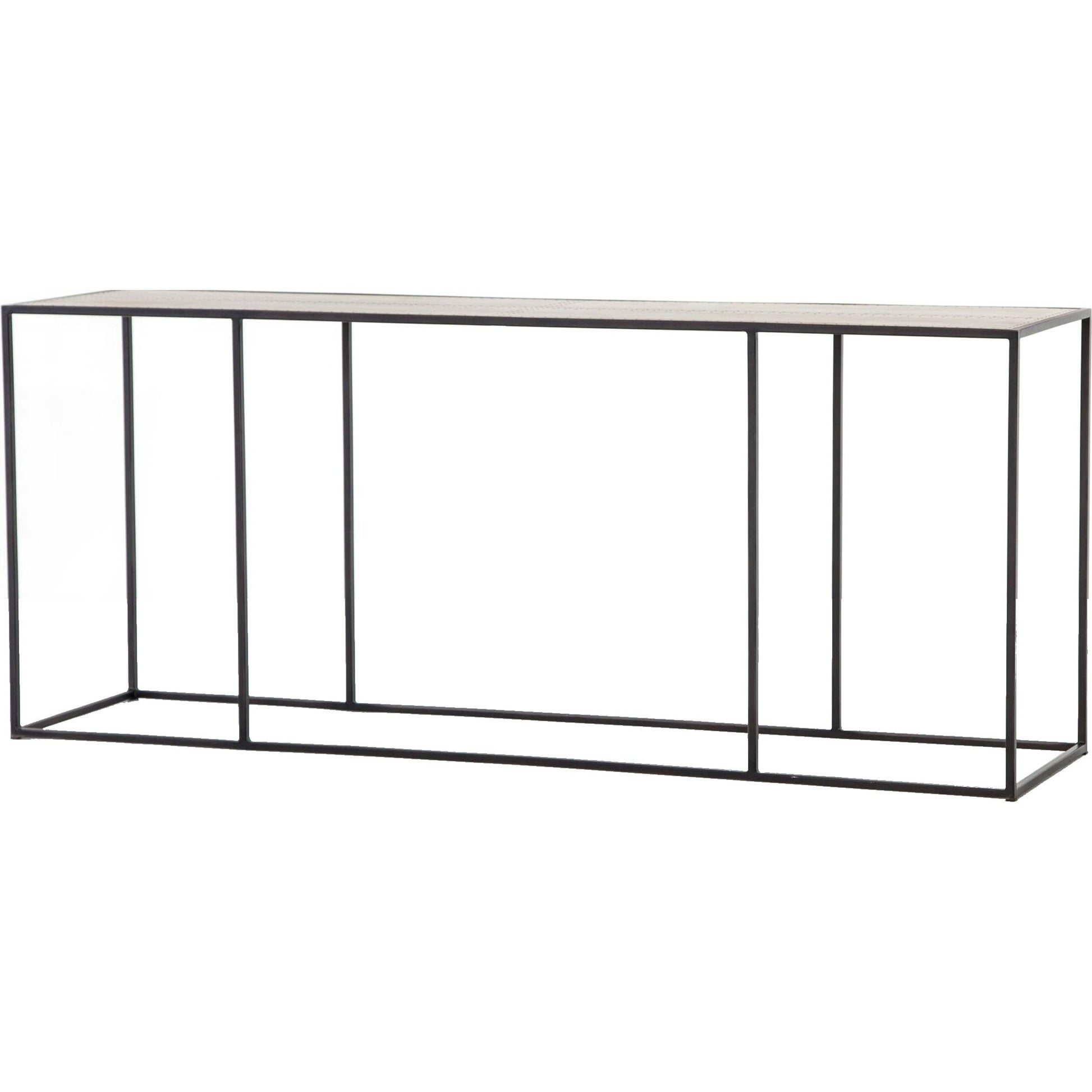 Phillip Console Table by Four Hands in bright brass clad, dark antique bronze and dark antique bronze, bright brass clad. Made from brass, iron, poplar plywood in a modern style.