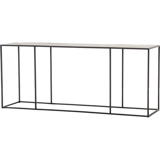 Phillip Console Table by Four Hands in bright brass clad, dark antique bronze and dark antique bronze, bright brass clad. Made from brass, iron, poplar plywood in a modern style.