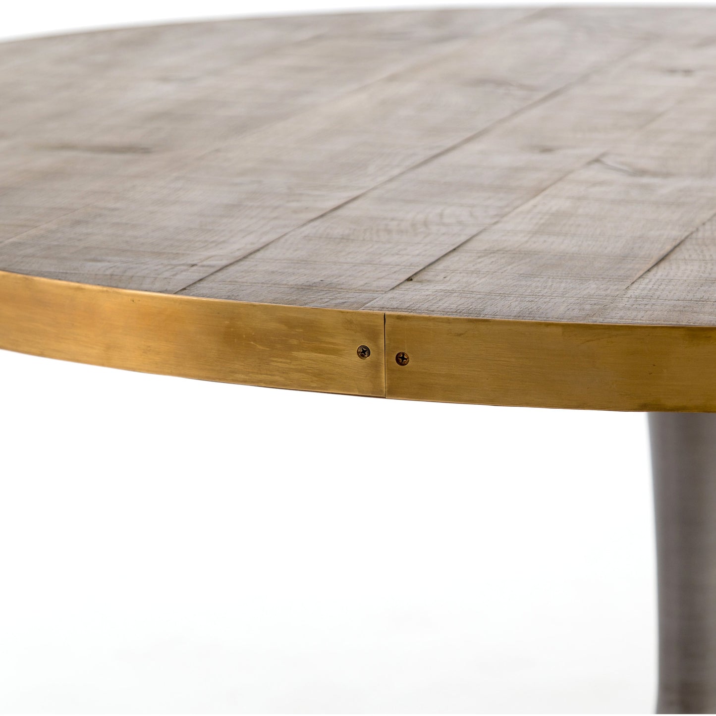 004 S-338899 | Additional Silo | Evans Round Dining Table by Four Hands in reclaimed burnt oak, vessel grey, polished brass. Made from solid reclaimed oak, iron, stainless steel in a modern style.