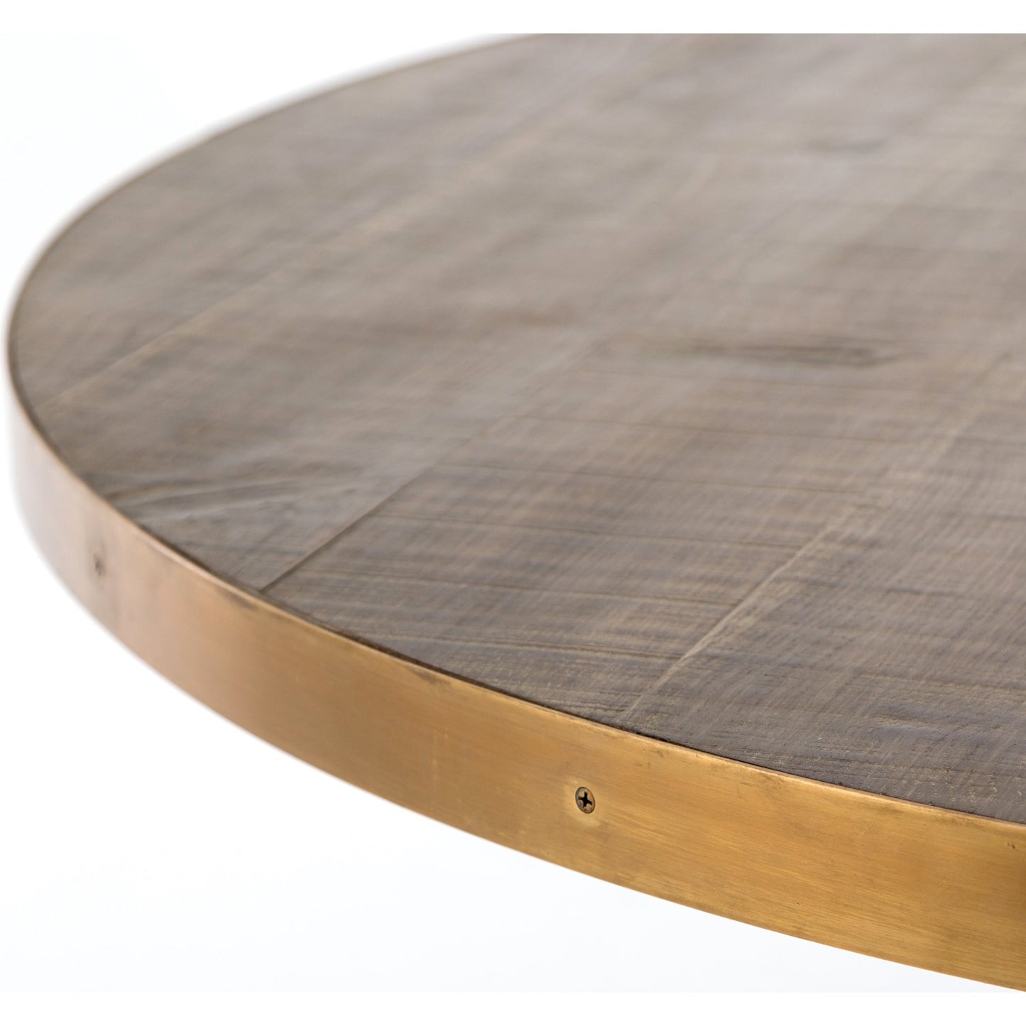 005 S-338899 | Additional Silo | Evans Round Dining Table by Four Hands in reclaimed burnt oak, vessel grey, polished brass. Made from solid reclaimed oak, iron, stainless steel in a modern style.