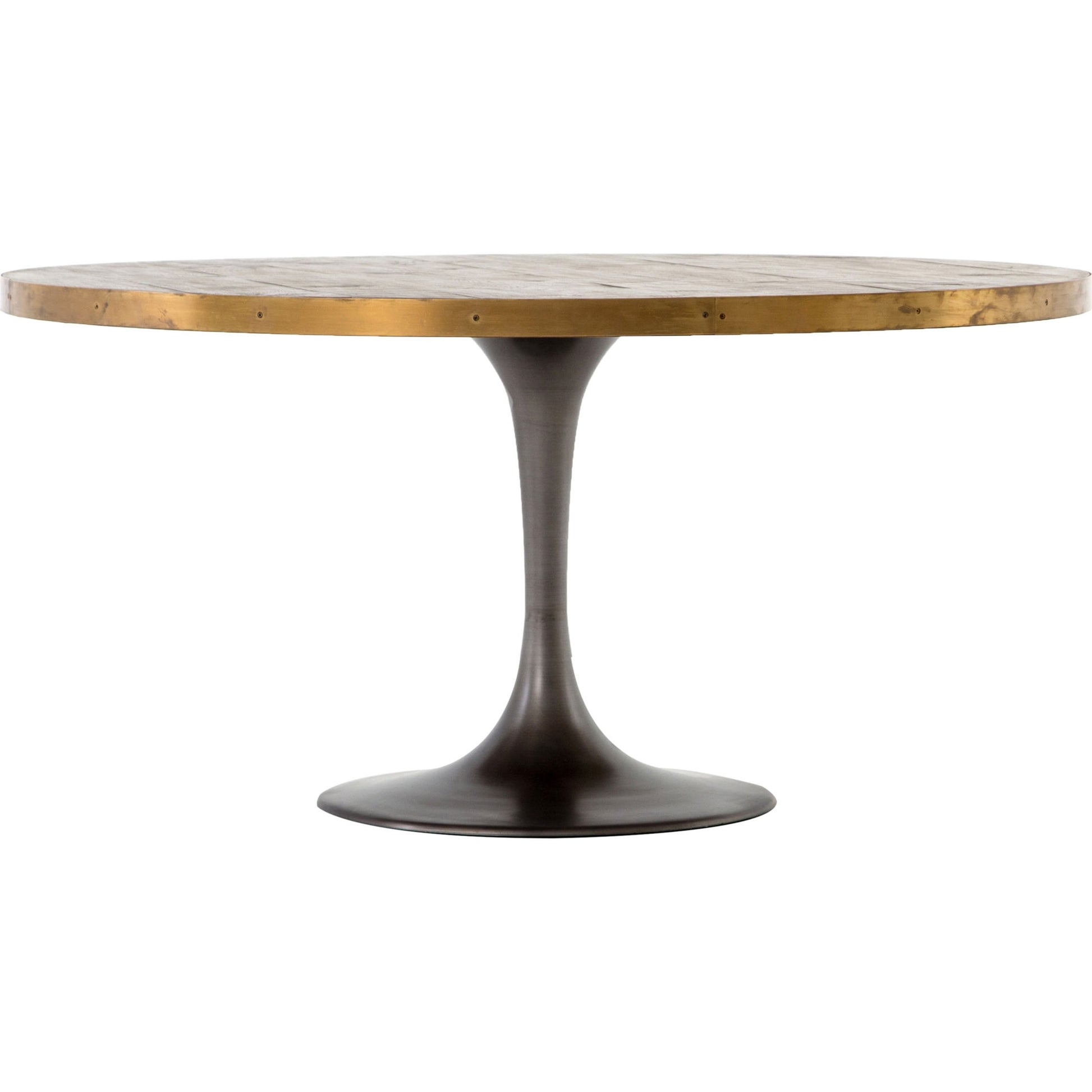 Evans Round Dining Table by Four Hands in reclaimed burnt oak, vessel grey, polished brass. Made from solid reclaimed oak, iron, stainless steel in a modern style.