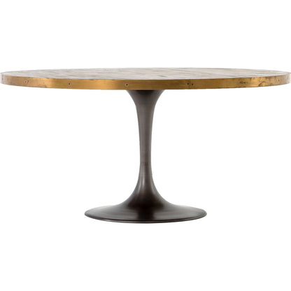 Evans Round Dining Table by Four Hands in reclaimed burnt oak, vessel grey, polished brass. Made from solid reclaimed oak, iron, stainless steel in a modern style.