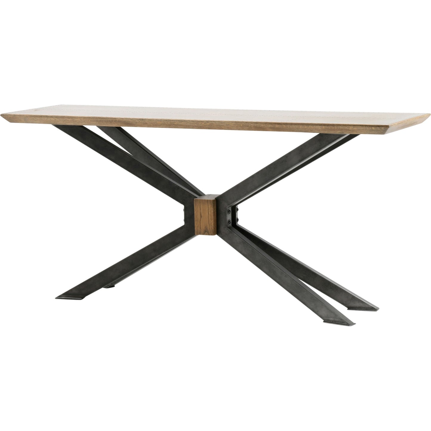 000 S-338946 | Primary Silo | Spider Console Table by Four Hands in light rustic black, bright brass clad, sandy oak. Made from brass, iron, solid oak in a modern style.