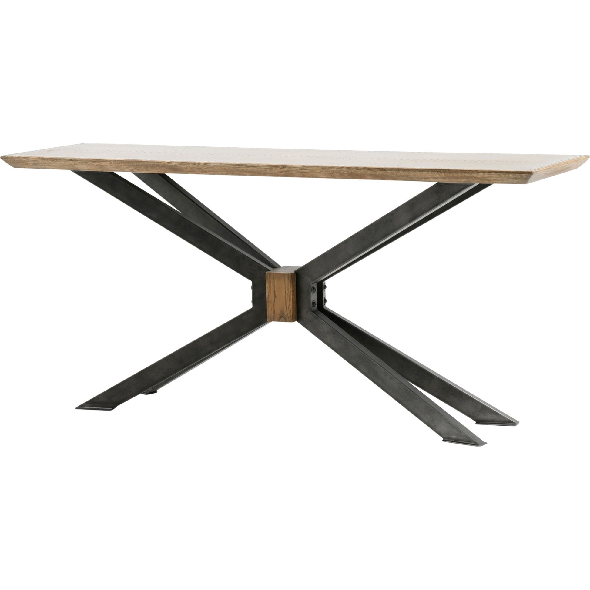 Spider Console Table by Four Hands in light rustic black, bright brass clad, sandy oak. Made from brass, iron, solid oak in a modern style.