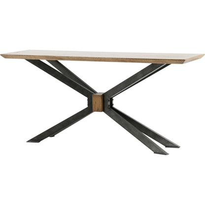 Spider Console Table by Four Hands in light rustic black, bright brass clad, sandy oak. Made from brass, iron, solid oak in a modern style.
