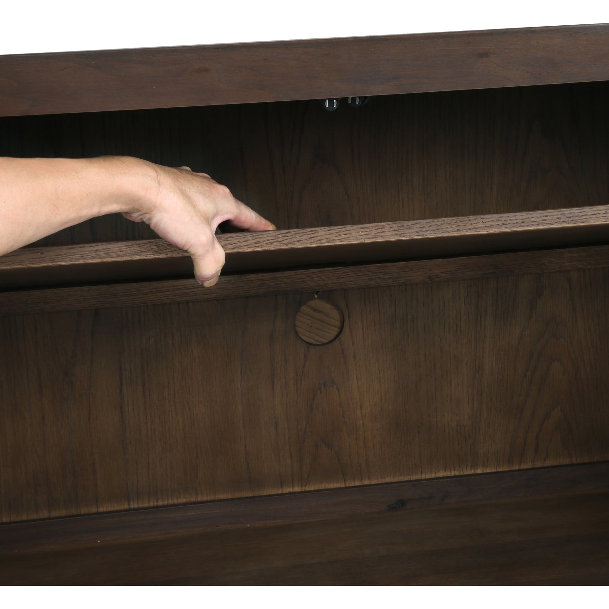 Enzo Sideboard by Four Hands in dark walnut. Made from walnut veneer, brass, stainless steel in a modern style.