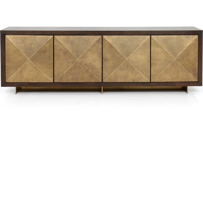 Enzo Sideboard by Four Hands in dark walnut. Made from walnut veneer, brass, stainless steel in a modern style.