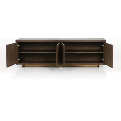Enzo Sideboard by Four Hands in dark walnut. Made from walnut veneer, brass, stainless steel in a modern style.