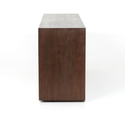 Cybil Sideboard by Four Hands in dark walnut. Made from walnut veneer, stainless steel, glass in a eclectic & global style.