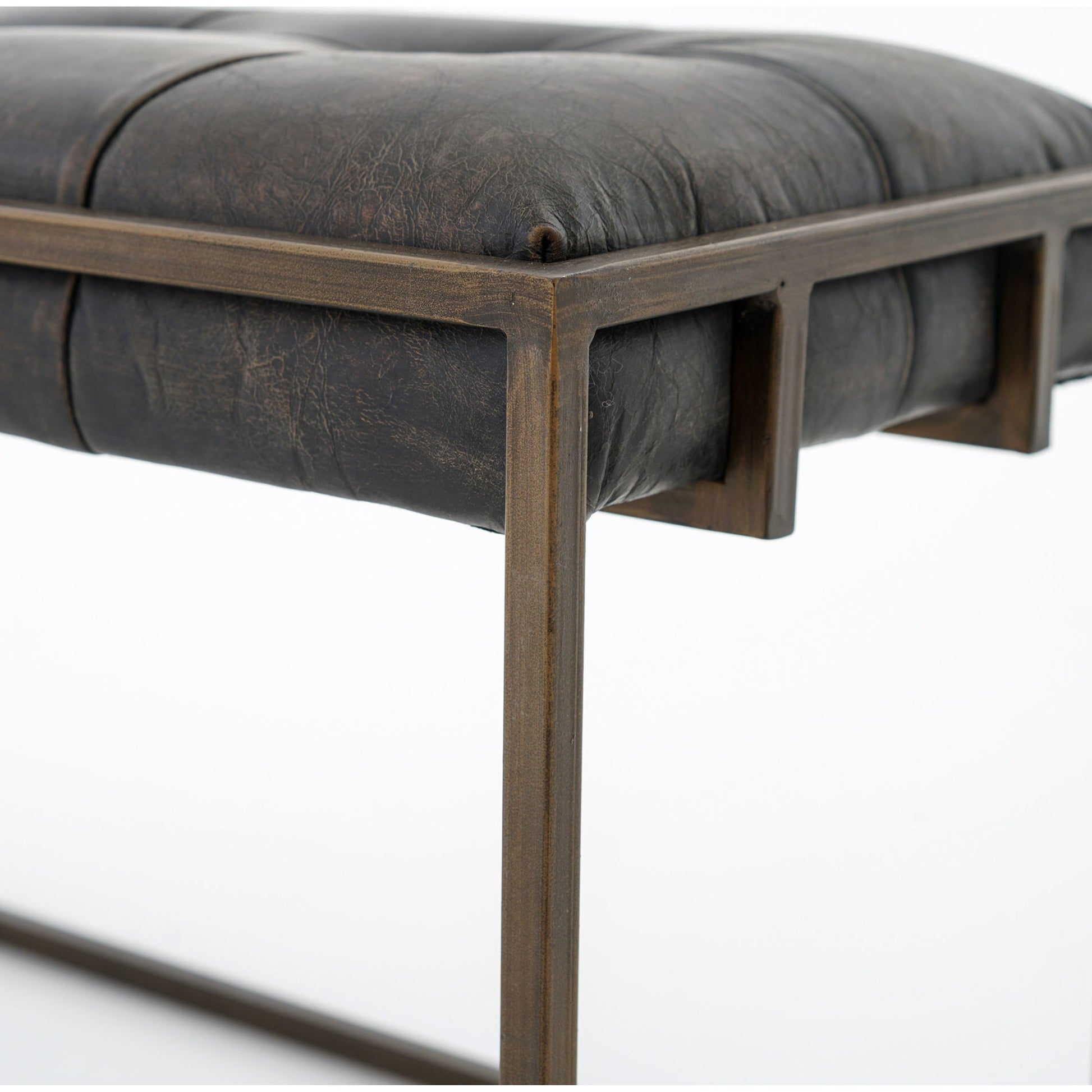 Oxford Bench by Four Hands in rialto ebony, antique brass. Made from top grain leather, iron, 100% polyester in a modern style.