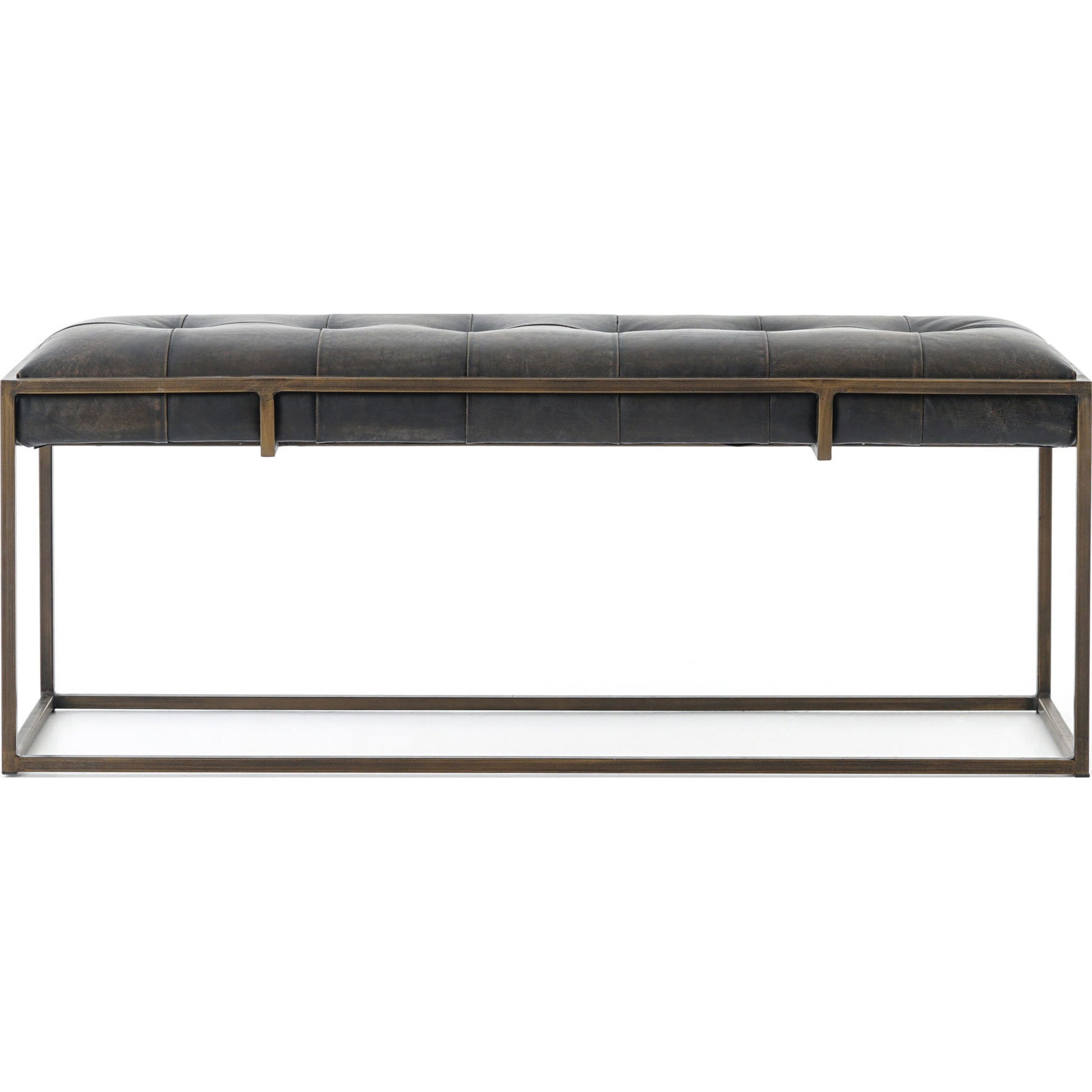 Oxford Bench by Four Hands in rialto ebony, antique brass. Made from top grain leather, iron, 100% polyester in a modern style.