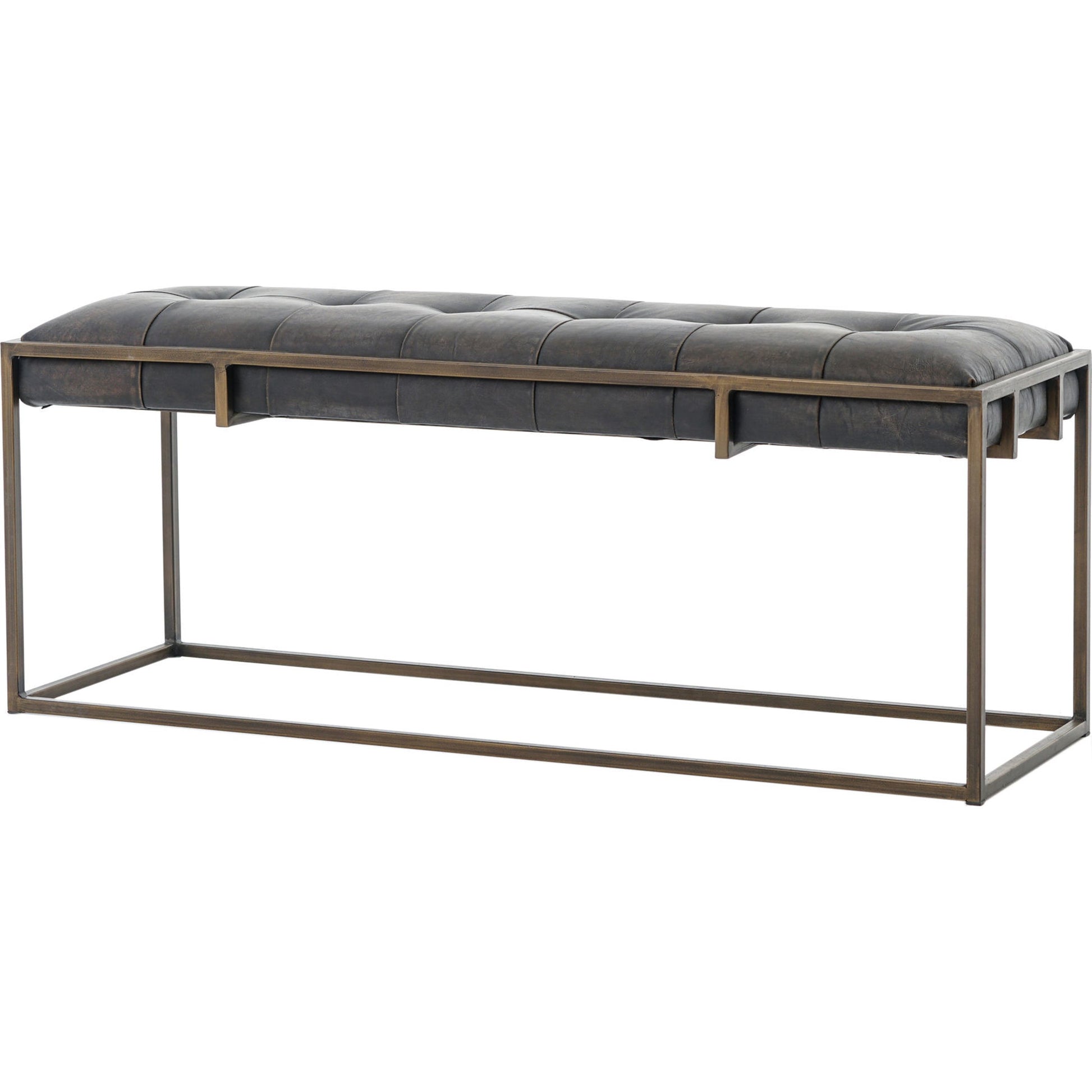 Oxford Bench by Four Hands in rialto ebony, antique brass. Made from top grain leather, iron, 100% polyester in a modern style.