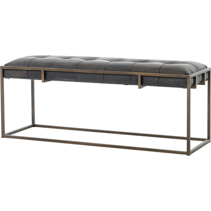 Oxford Bench by Four Hands in rialto ebony, antique brass. Made from top grain leather, iron, 100% polyester in a modern style.