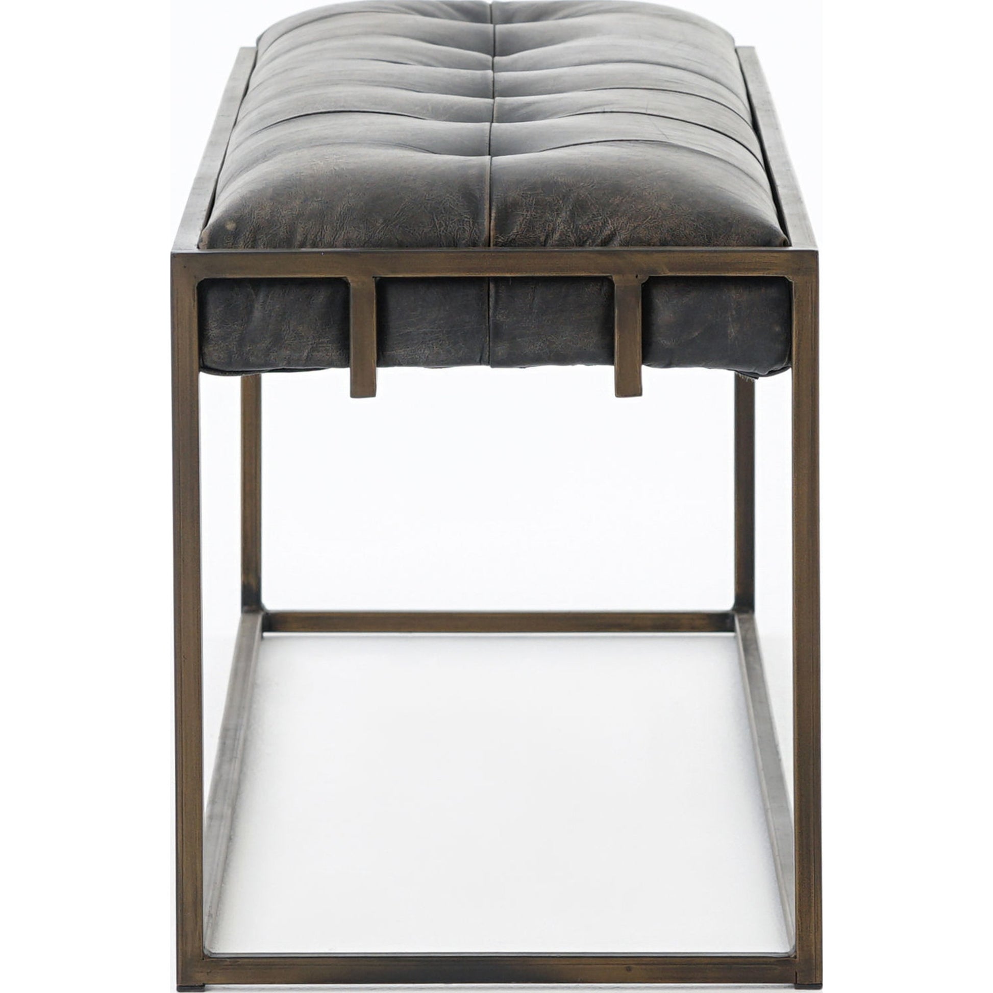 Oxford Bench by Four Hands in rialto ebony, antique brass. Made from top grain leather, iron, 100% polyester in a modern style.